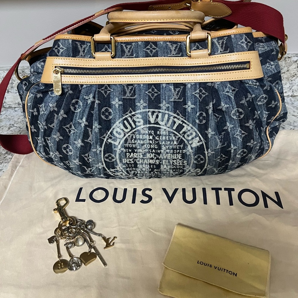 Louis Vuitton LIKE NEW Denim Patchwork Monogram Hobo Trunks & Bags Cabas Raye GM